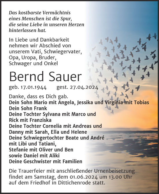 Traueranzeige von Bernd Sauer von Trauerkombi Sangerhausen