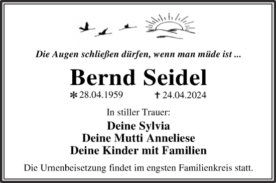 Traueranzeige von Bernd Seidel von Trauerkombi Dessau