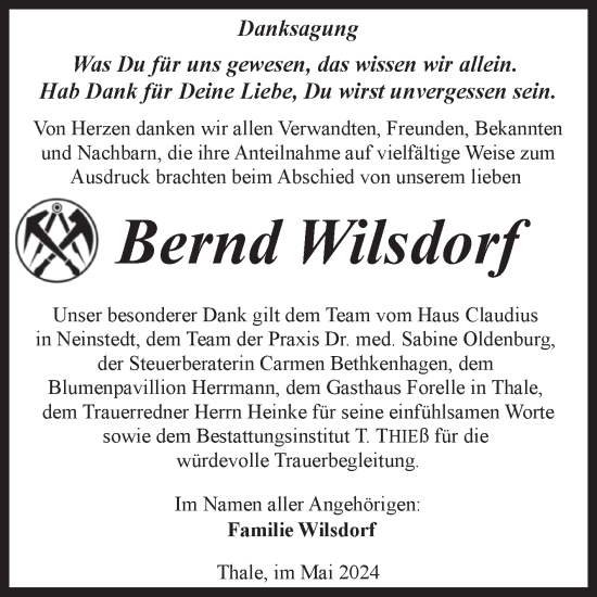 Traueranzeige von Bernd Wilsdorf von Trauerkombi Quedlinburg