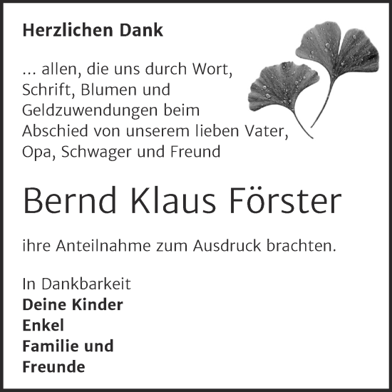 Traueranzeige von Bernd Klaus Förster von Trauerkombi Sangerhausen