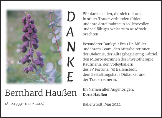 Traueranzeige von Bernhard Haußen von Trauerkombi Quedlinburg