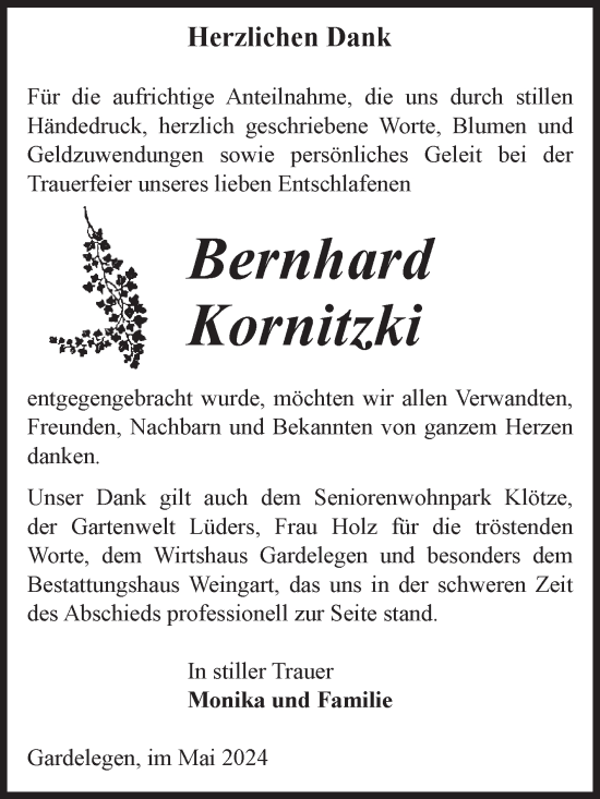 Traueranzeige von Bernhard Kornitzki von Volksstimme Altmark West