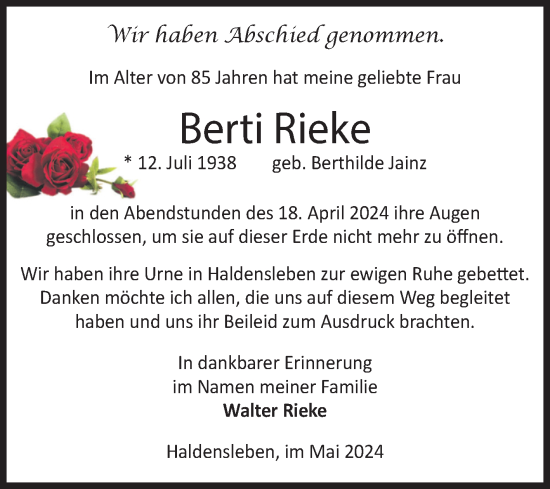 Traueranzeige von Berti Rieke von Volksstimme Haldensleben/Wolmirstedt