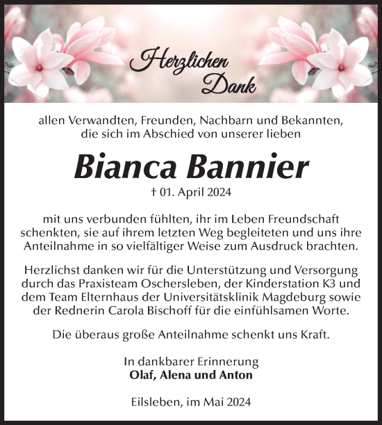 Traueranzeige von Bianca Bannier von Volksstimme Oschersleben/Wanzleben