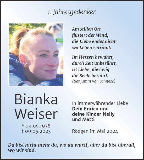 Traueranzeige von Bianka Weiser von Trauerkombi Bitterfeld