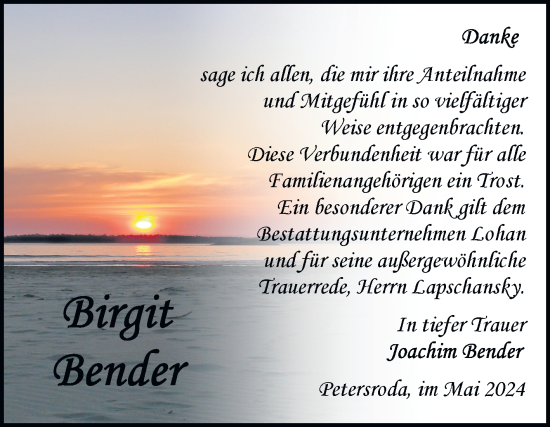 Traueranzeige von Birgit Bender von Trauerkombi Bernburg