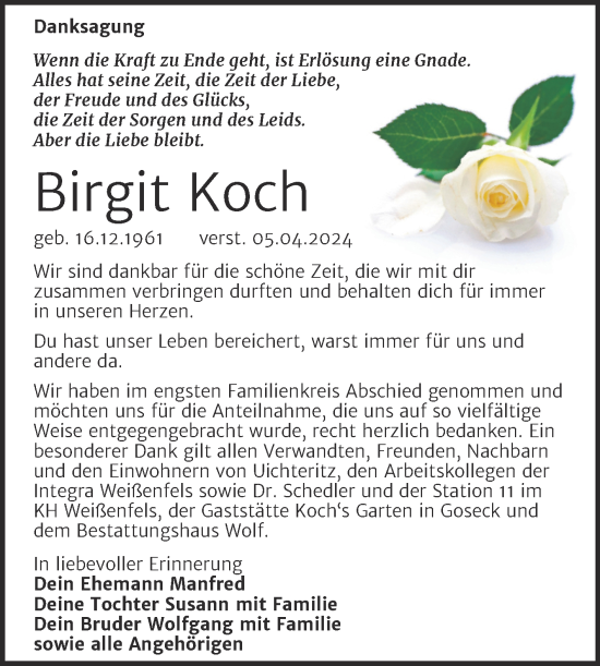 Traueranzeige von Birgit Koch von Trauerkombi Weißenfels