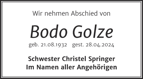 Traueranzeige von Bodo Golze von Trauerkombi Bitterfeld