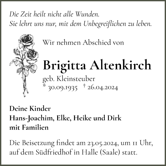 Traueranzeige von Brigitta Altenkirch von Mitteldeutsche Zeitung Halle/Saalkreis