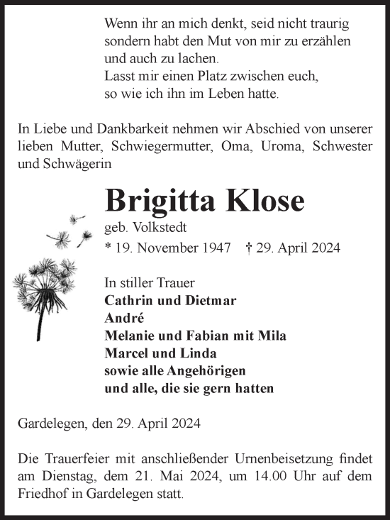 Traueranzeige von Brigitta Klose von Volksstimme Altmark West