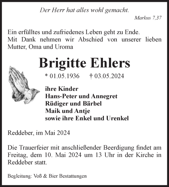 Traueranzeige von Brigitte Ehlers von Volksstimme Wernigerode