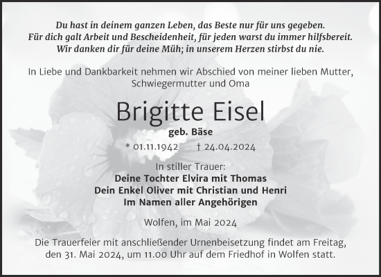 Traueranzeige von Brigitte Eisel von Trauerkombi Bitterfeld