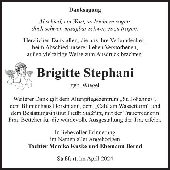 Traueranzeige von Brigitte Stephani von Volksstimme Staßfurt