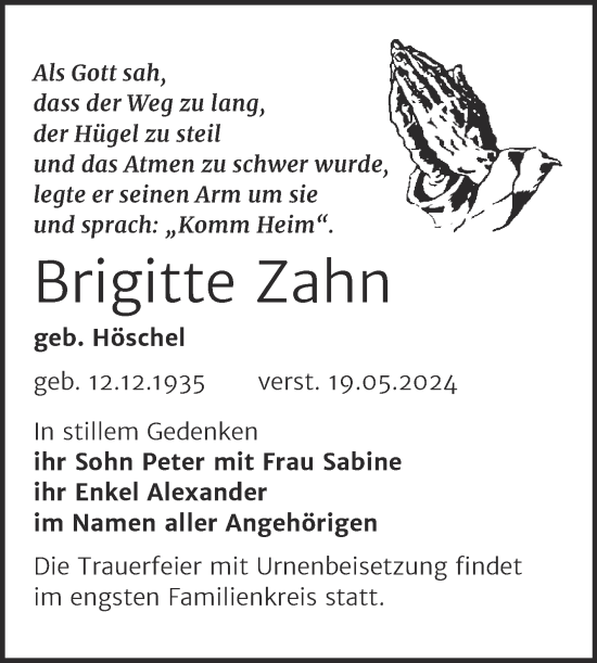 Traueranzeige von Brigitte Zahn von Naumburger Tageblatt