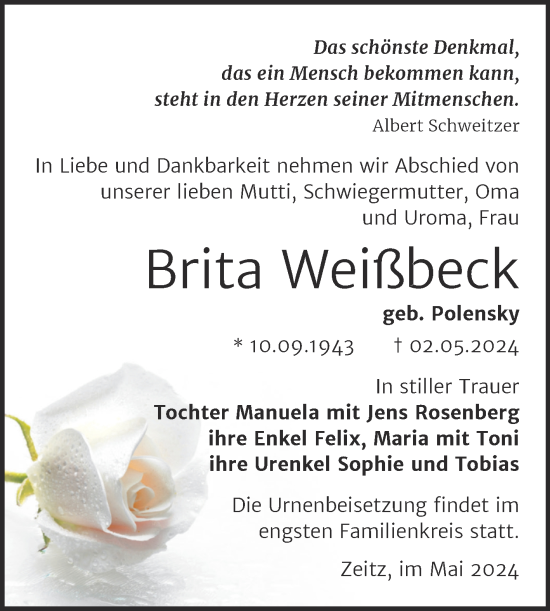 Traueranzeige von Brita Weißbeck von Trauerkombi Zeitz