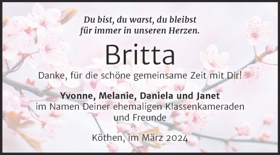 Traueranzeige von Britta  von Trauerkombi Köthen