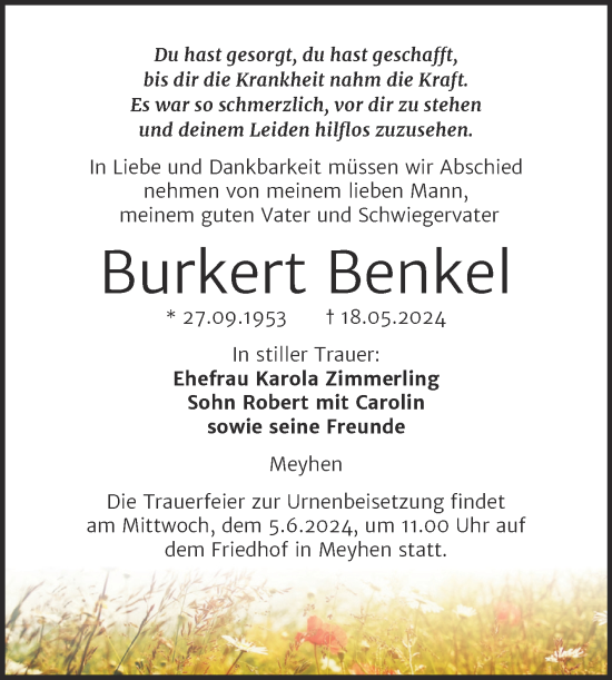 Traueranzeige von Burkert Benkel von Super Sonntag Naumburg/Nebra