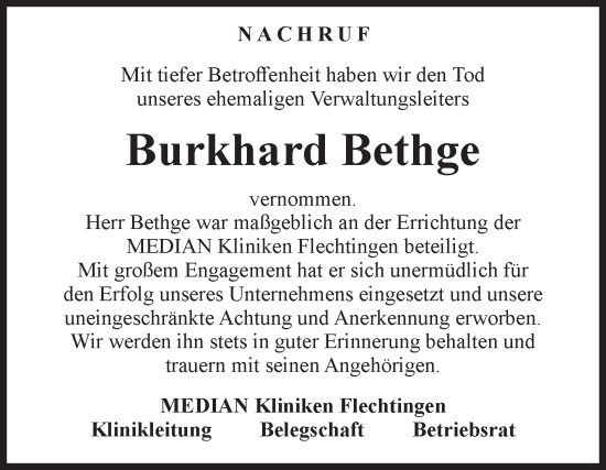 Traueranzeige von Burkhard Bethge von Volksstimme Haldensleben/Wolmirstedt