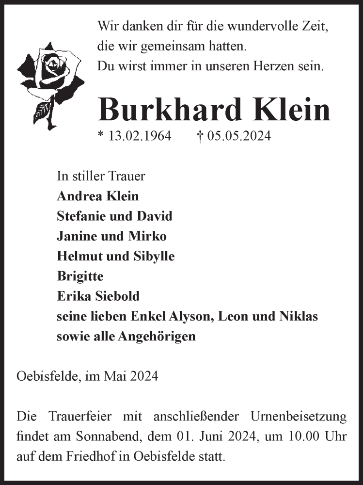  Traueranzeige für Burkhard Klein vom 11.05.2024 aus Volksstimme Altmark West