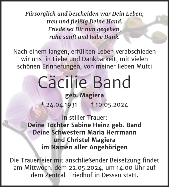 Traueranzeige von Cäcilie Band von Trauerkombi Dessau