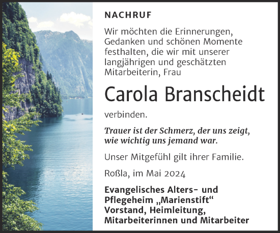 Traueranzeige von Carola Branscheidt von Super Sonntag Sangerhausen