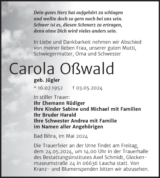 Traueranzeige von Carola Oßwald von Super Sonntag Naumburg/Nebra