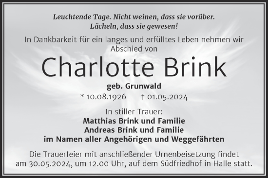Traueranzeige von Charlotte Brink von Mitteldeutsche Zeitung Halle/Saalkreis