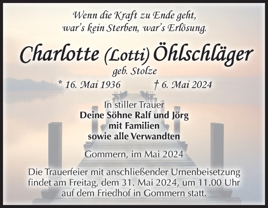 Traueranzeige von Charlotte  Öhlschläger von Volksstimme Burg/Genthin