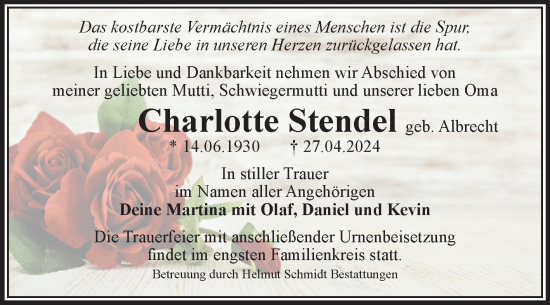 Traueranzeige von Charlotte Stendel von Volksstimme Magdeburg