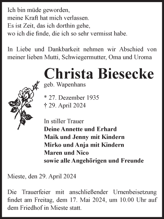 Traueranzeige von Christa Biesecke von Volksstimme Altmark West