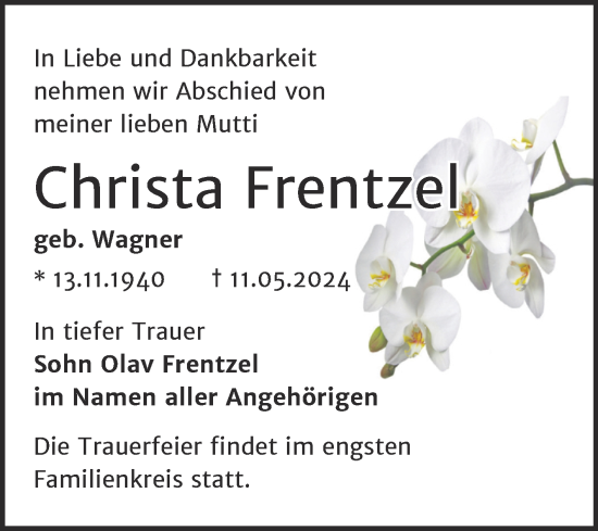 Traueranzeige von Christa Frentzel von Mitteldeutsche Zeitung Halle/Saalkreis
