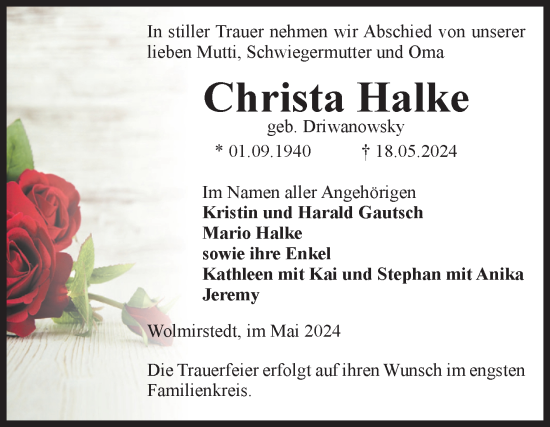 Traueranzeige von Christa Halke von Volksstimme Haldensleben/Wolmirstedt