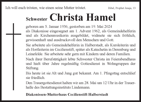 Traueranzeige von Christa Hamel von Volksstimme Halberstadt