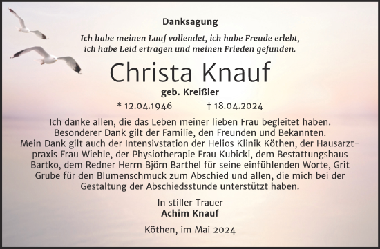 Traueranzeige von Christa Knauf von Trauerkombi Köthen