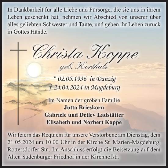 Traueranzeige von Christa Koppe von Volksstimme Magdeburg