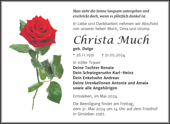 Traueranzeige von Christa Much von Mitteldeutsche Zeitung Aschersleben