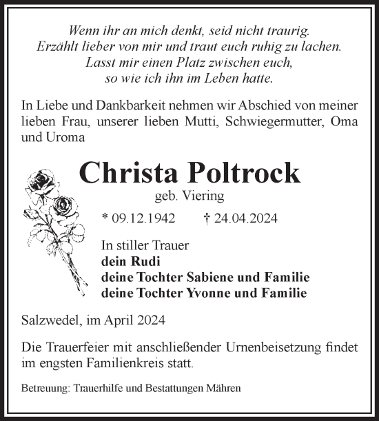 Traueranzeige von Christa Poltrock von Volksstimme Altmark West
