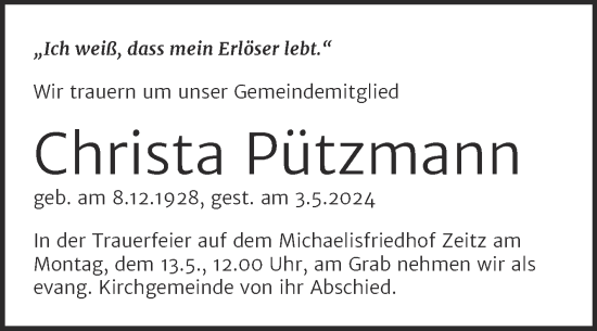 Traueranzeige von Christa Pützmann von Mitteldeutsche Zeitung Zeitz
