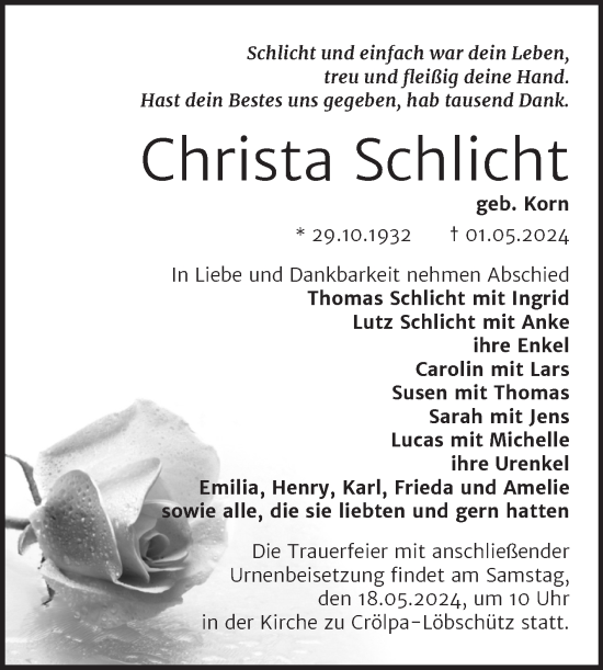 Traueranzeige von Christa Schlicht von Naumburger Tageblatt