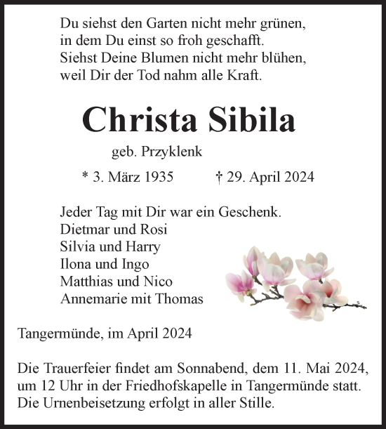 Traueranzeige von Christa Sibila von Volksstimme Altmark Ost