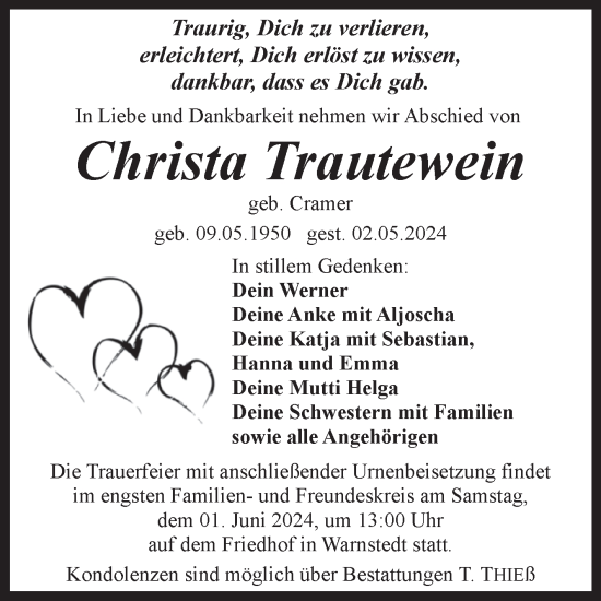 Traueranzeige von Christa Trautewein von Trauerkombi Quedlinburg