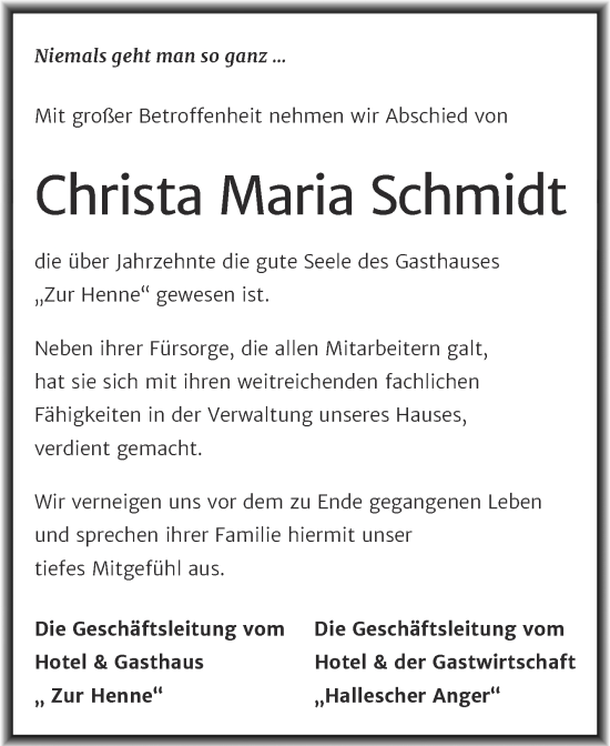Traueranzeige von Christa Maria Schmidt von Naumburger Tageblatt