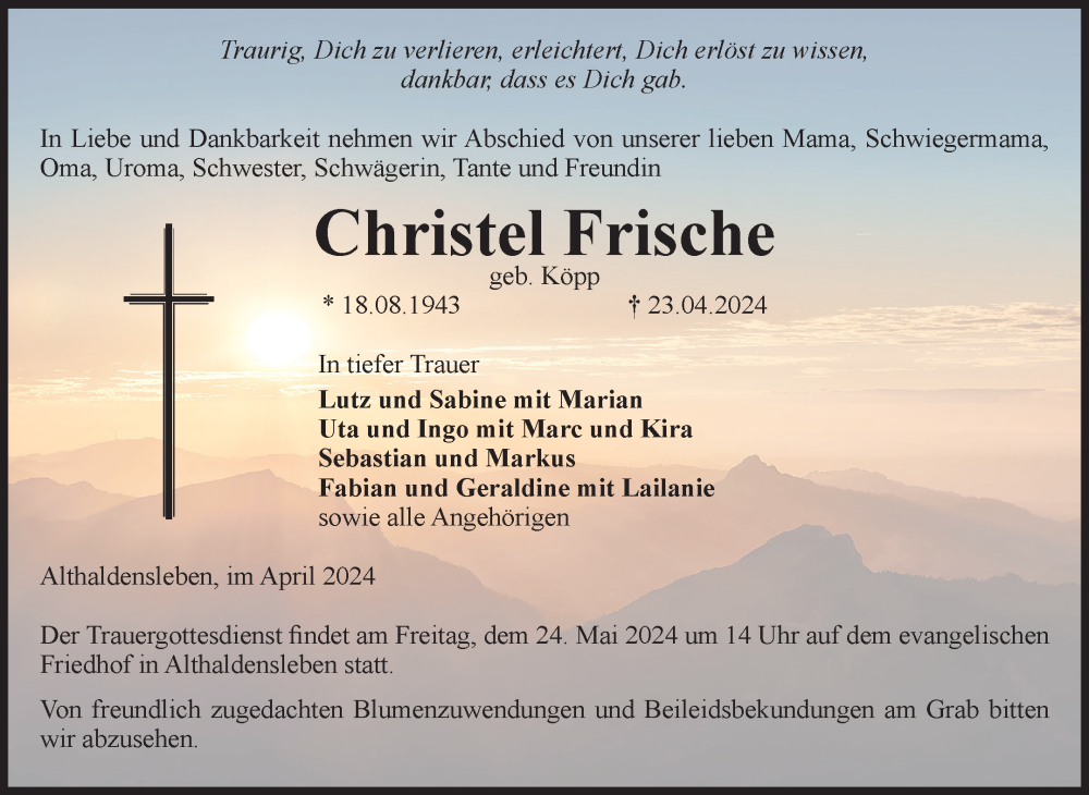  Traueranzeige für Christel Frische vom 04.05.2024 aus Volksstimme Haldensleben/Wolmirstedt