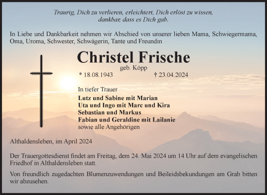 Traueranzeige von Christel Frische von Volksstimme Haldensleben/Wolmirstedt