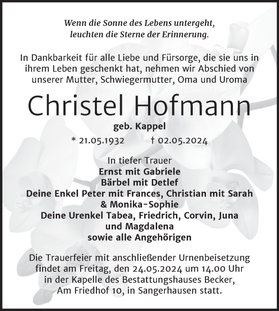 Traueranzeige von Christel Hofmann von Trauerkombi Sangerhausen