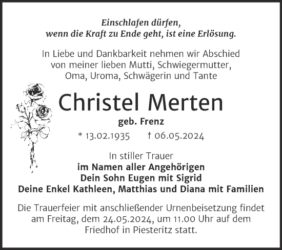 Traueranzeige von Christel Merten von Trauerkombi Wittenberg