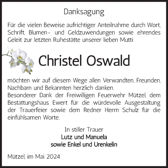 Traueranzeige von Christel Oswald von Volksstimme Burg/Genthin