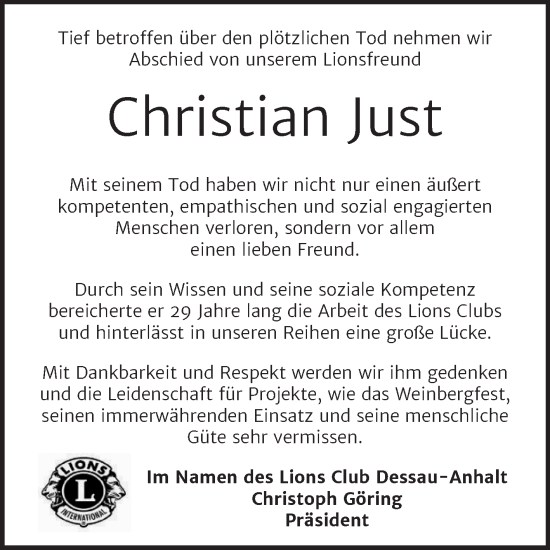 Traueranzeige von Christian Just von Mitteldeutsche Zeitung Dessau-Roßlau