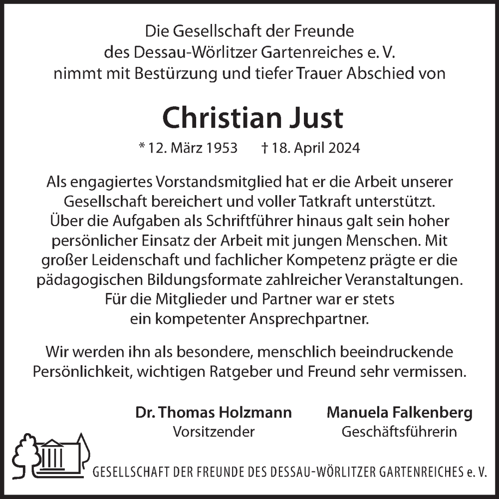  Traueranzeige für Christian Just vom 04.05.2024 aus Super Sonntag Dessau-Roßlau