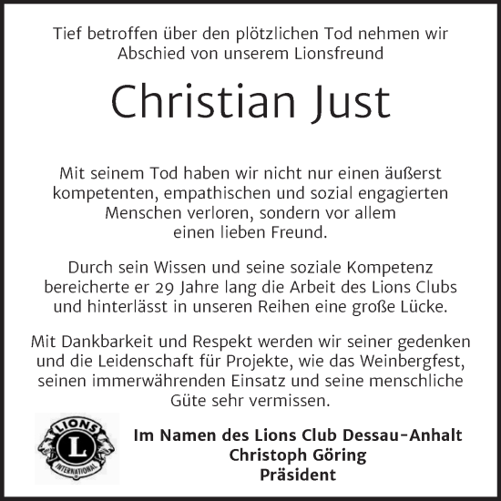 Traueranzeige von Christian Just von Super Sonntag Dessau-Roßlau